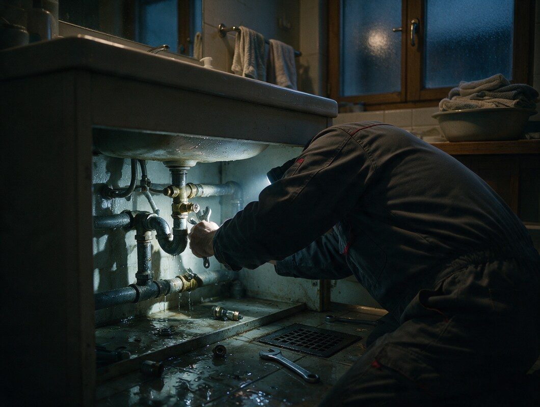 Installateur repariert nachts ein geplatztes Wasserrohr