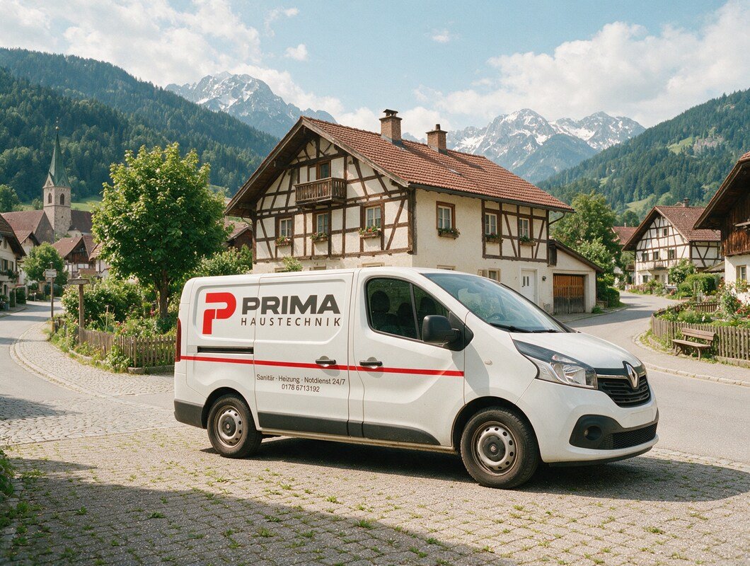 Weißer Renault Trafic von PRIMA Haustechnik mit Logo-Beschriftung
